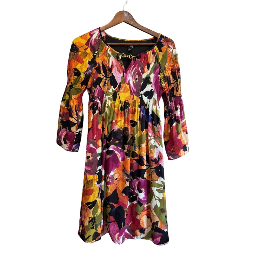 Spense Floral Mini Dress Women 4 Multicolor Excellent Plisse Bell Sleeve Gold